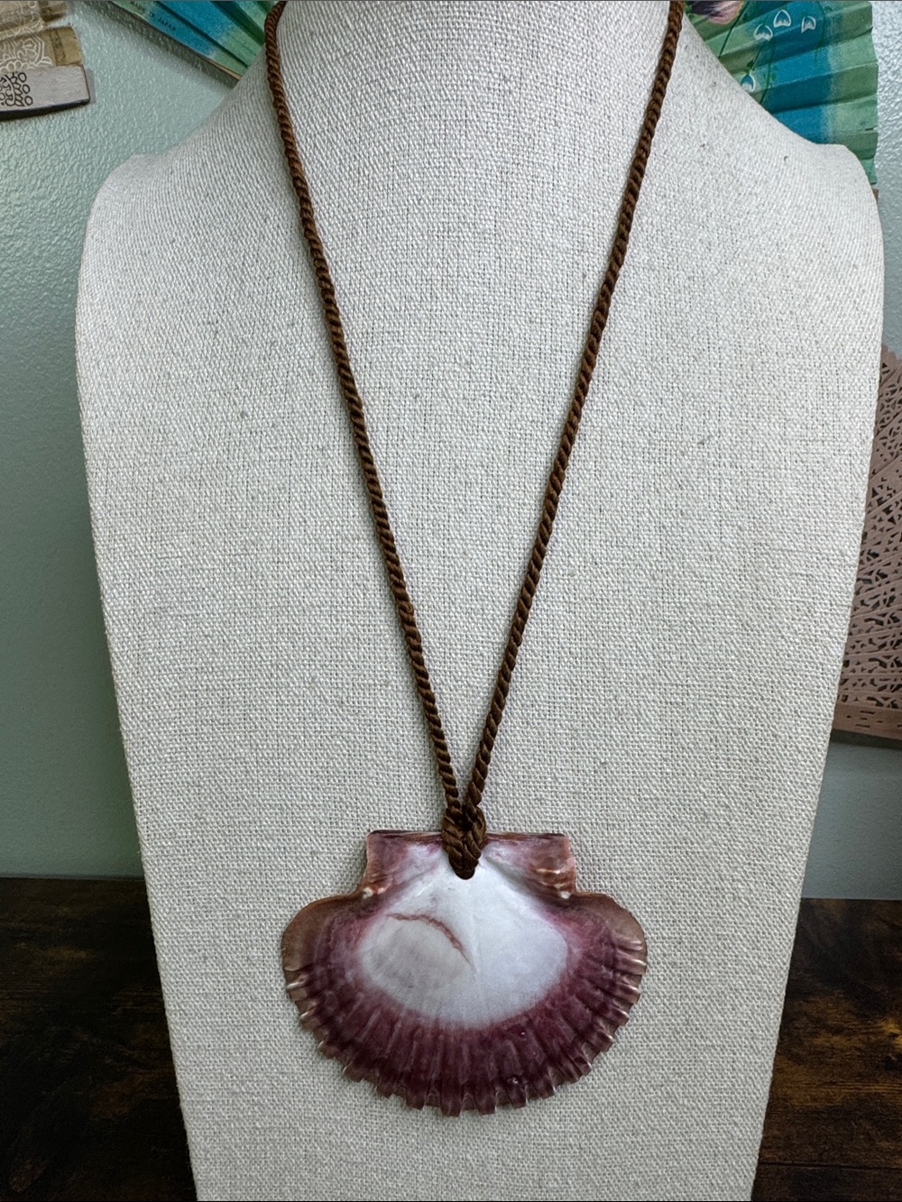 Pink Scallop Shell Brown Cord Necklace - Coconut Girl